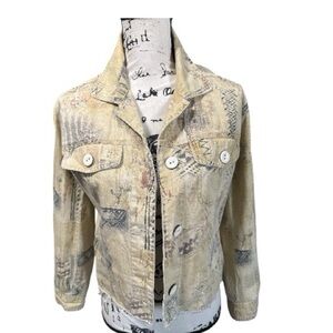 Chico’s butter yellow cropped jacket abstract design frayed hem women’s Sz 0